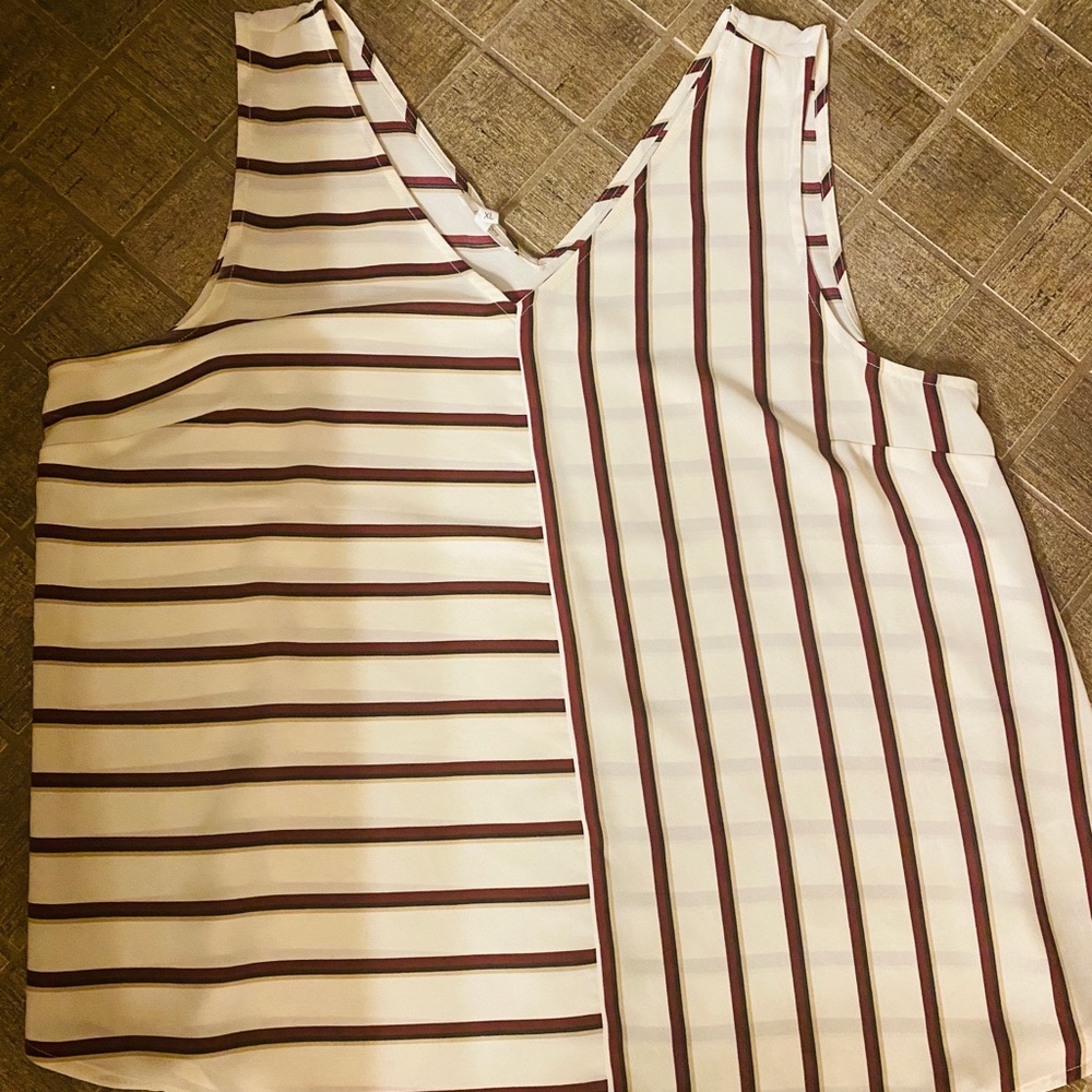 Sheer tan tank with red stripes